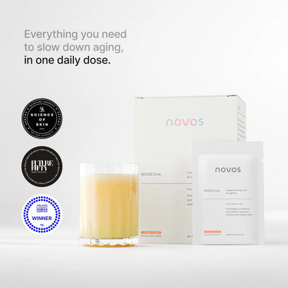 NOVOS Core Longevity Mix, Anti-Aging Supplement, Drink Powder Packet Orange Flavor - Skin Support, Energy, Mood, Sleep and Cognition Support - 30 Servings