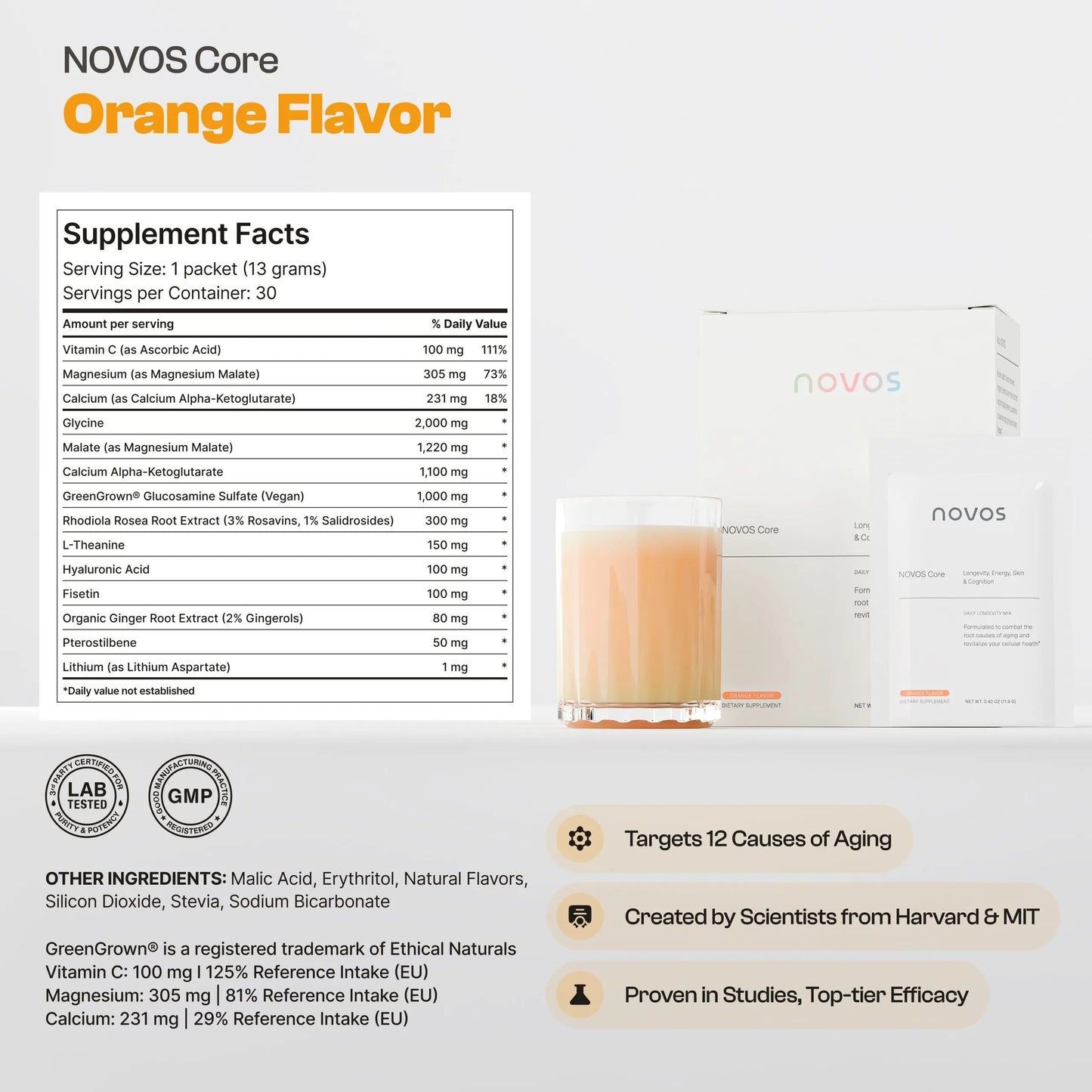 NOVOS Core Longevity Mix, Anti-Aging Supplement, Drink Powder Packet Orange Flavor - Skin Support, Energy, Mood, Sleep and Cognition Support - 30 Servings