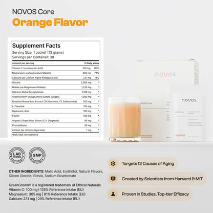 NOVOS Core Longevity Mix, Anti-Aging Supplement, Drink Powder Packet Orange Flavor - Skin Support, Energy, Mood, Sleep and Cognition Support - 30 Servings