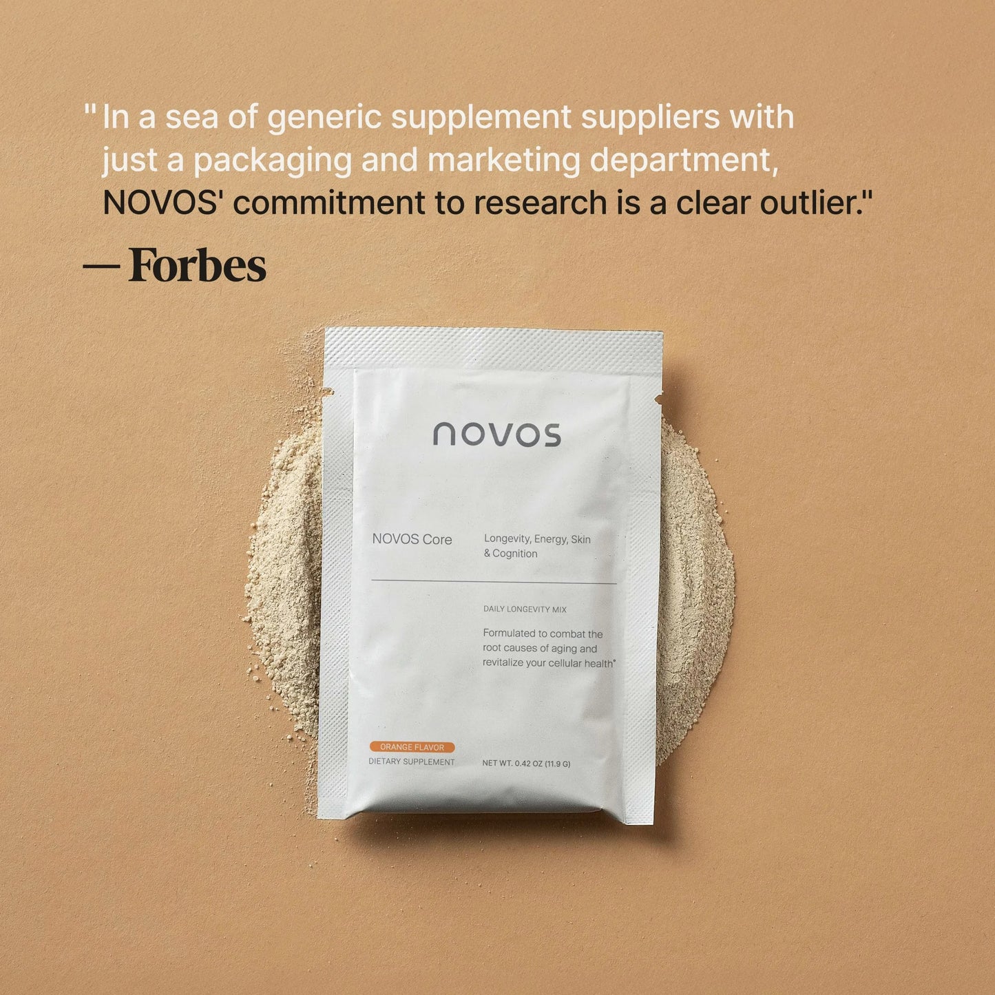 NOVOS Core Longevity Mix, Anti-Aging Supplement, Drink Powder Packet Orange Flavor - Skin Support, Energy, Mood, Sleep and Cognition Support - 30 Servings